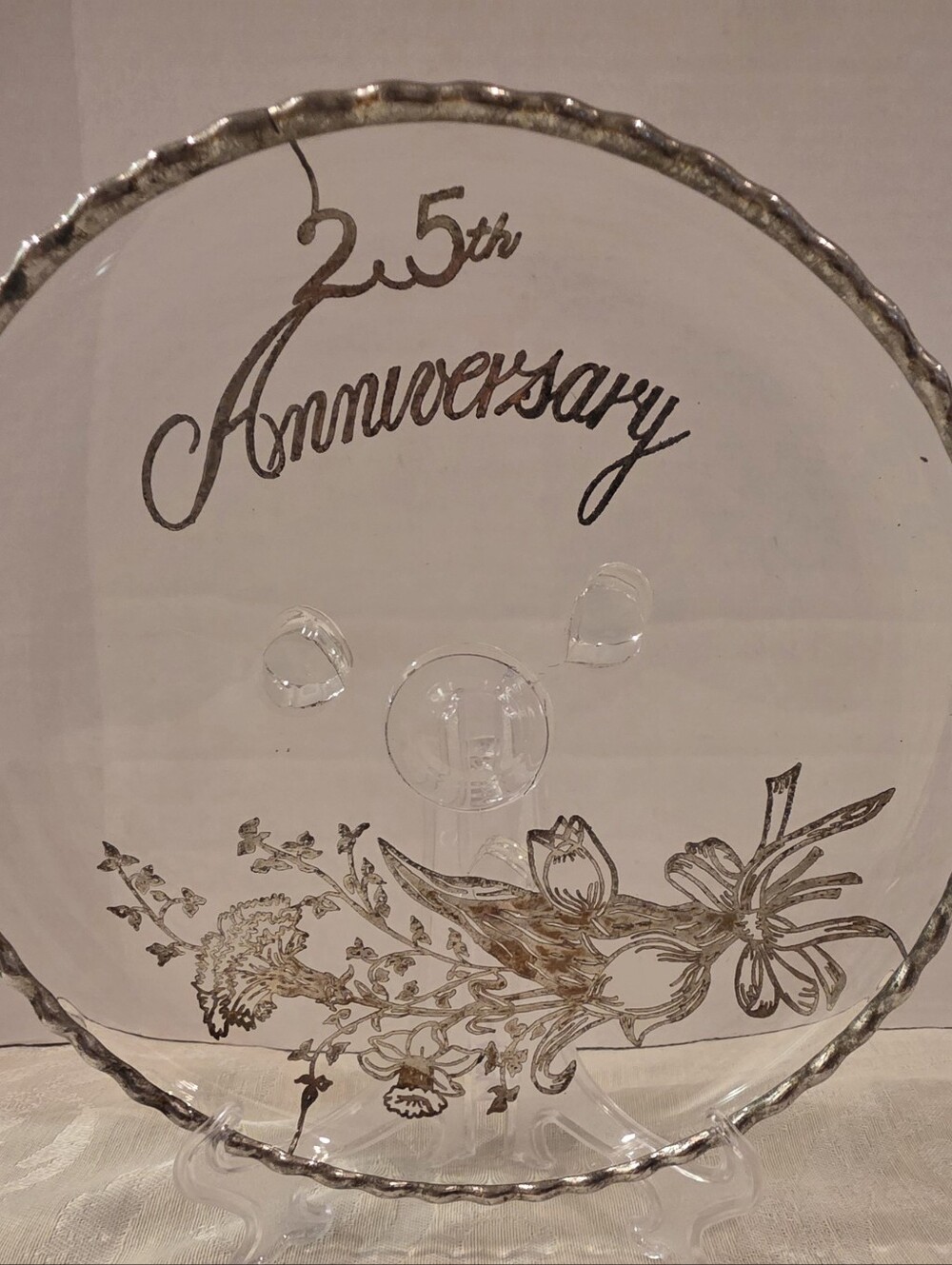 25th Anniversary Sterling Silver Overlay 7" Footed Plate Floral Bouquet Vintage